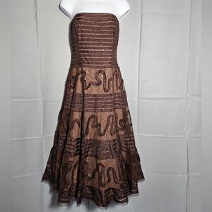 BCBGMAXAZRIA Strapless Y2K Tulle Cocktail Midi Chocolate Brown Maximalism Sz S